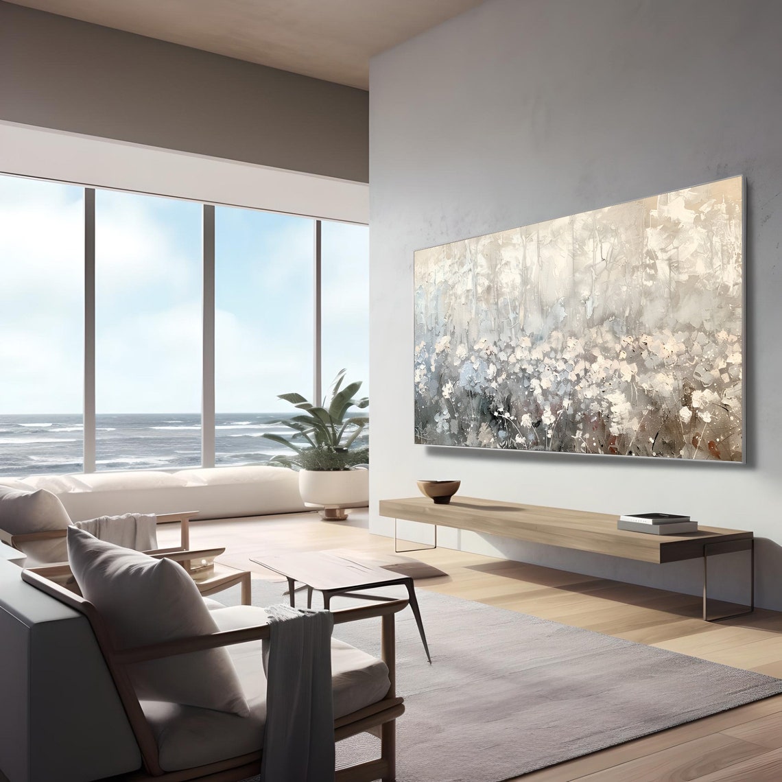 Abstract White Wildflower Field Textured Neutral Painting Poster - Image 2