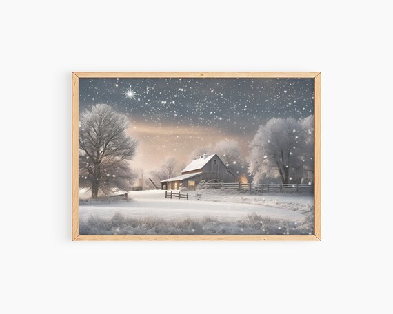 Snowy Winter Barn Under Starry Night Sky Holiday Farm Scene Poster