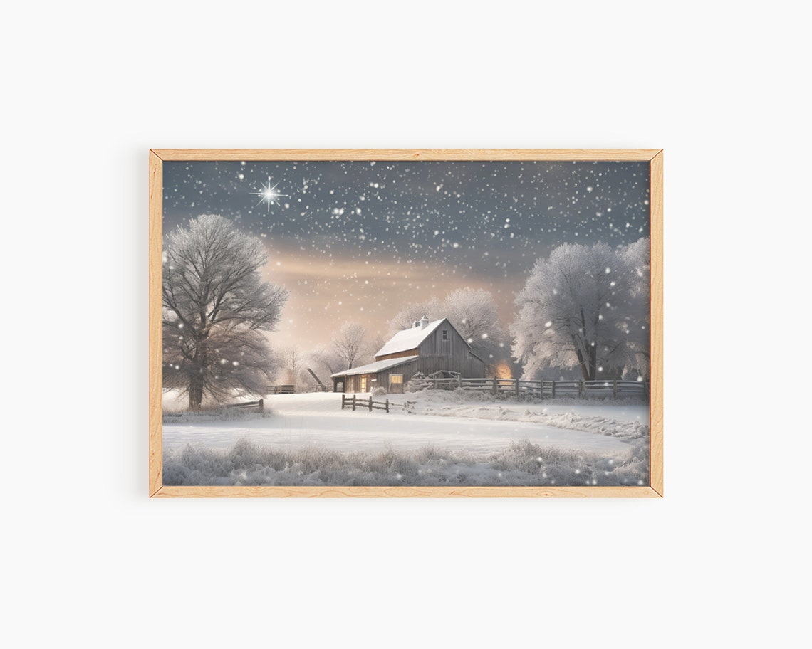 Snowy Winter Barn Under Starry Night Sky Holiday Farm Scene Poster