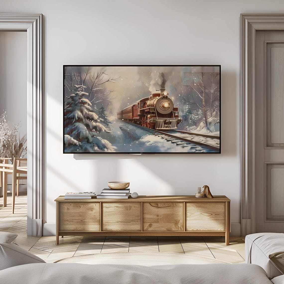 Vintage Steam Train Snowy Forest Winter Night Painting Poster - Image 3