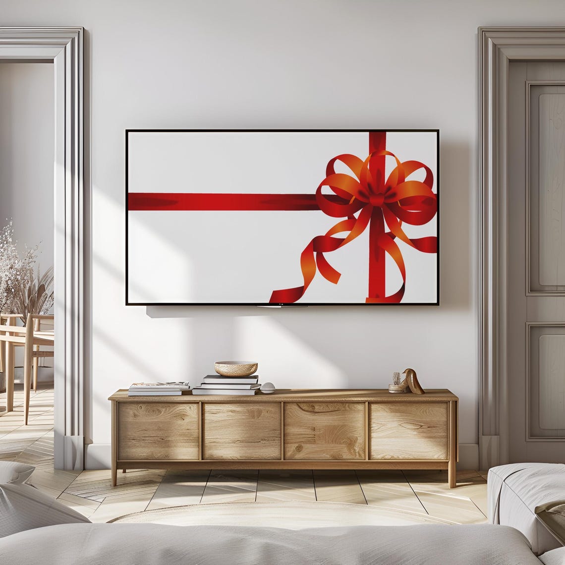 Red Ribbon Gift Bow Minimalist Modern Christmas Holiday Art Poster - Image 3