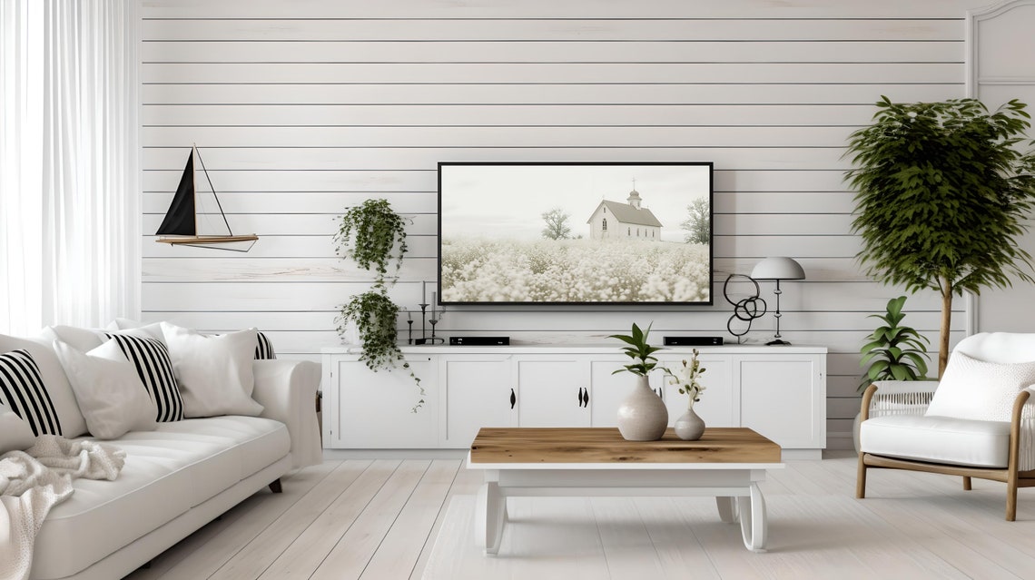 White Church Wildflower Field Soft Neutral Country Chapel Poster - Image 3