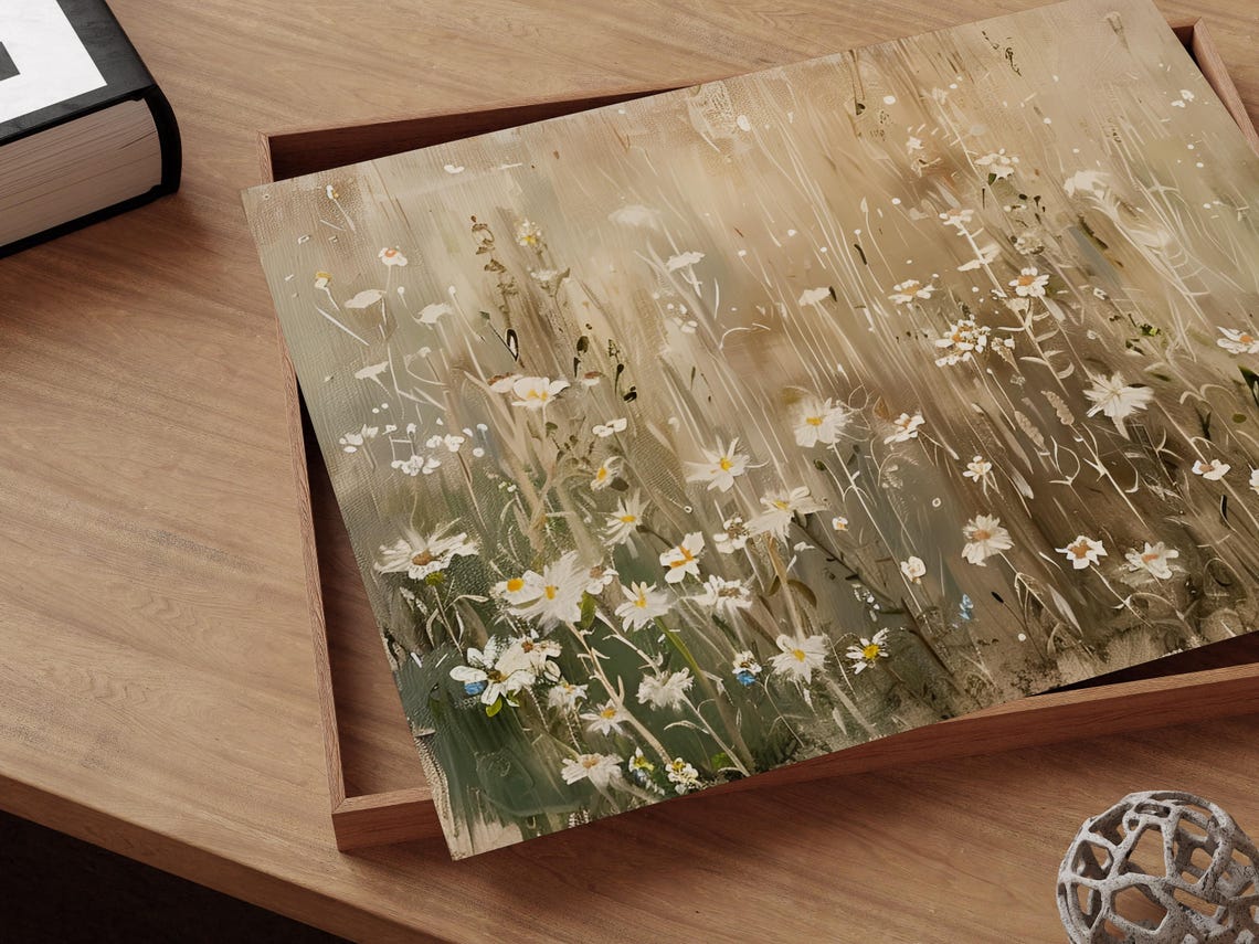 Wildflower Field White Daisy Meadow Impressionist Painting Poster - Image 3