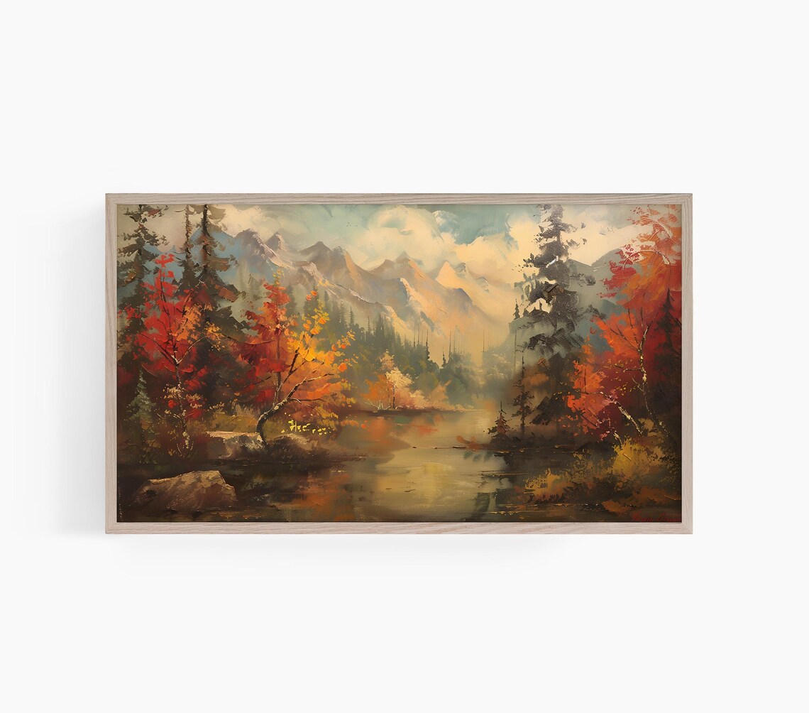 Autumn Mountain Lake Golden Fall Foliage Reflection Vintage Landscape Wall Art