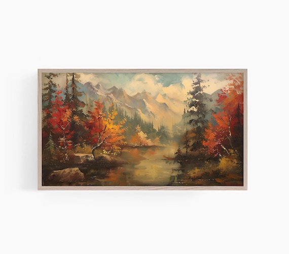 Autumn Mountain Lake Golden Fall Foliage Reflection Vintage Landscape Wall Art