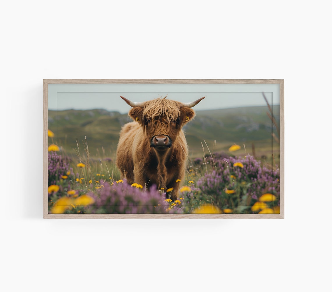 Highland Cow Purple Wildflower Field Rustic Animal Portrait Poster