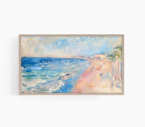 Pastel Beach Shoreline Gentle Waves Summer Day Watercolor Poster