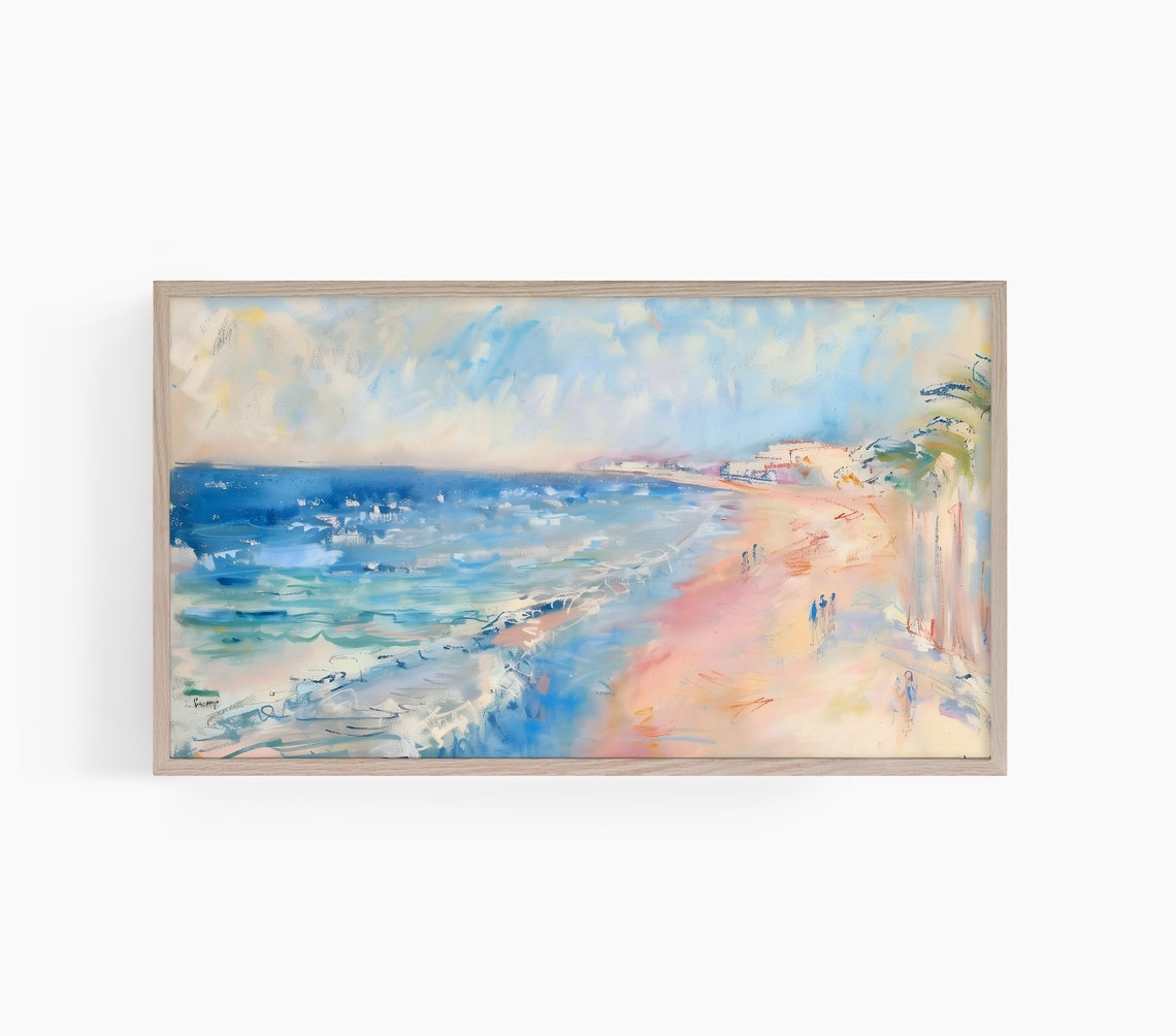Pastel Beach Shoreline Gentle Waves Summer Day Watercolor Poster