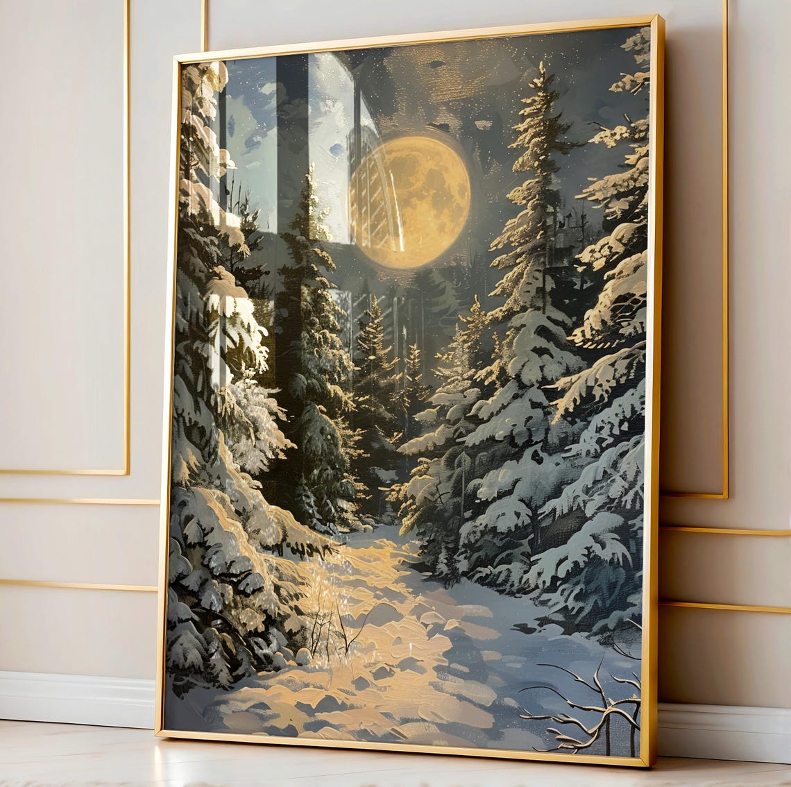 Winter Moon Night Snowy Forest Path Moody Landscape Painting Poster - Image 3