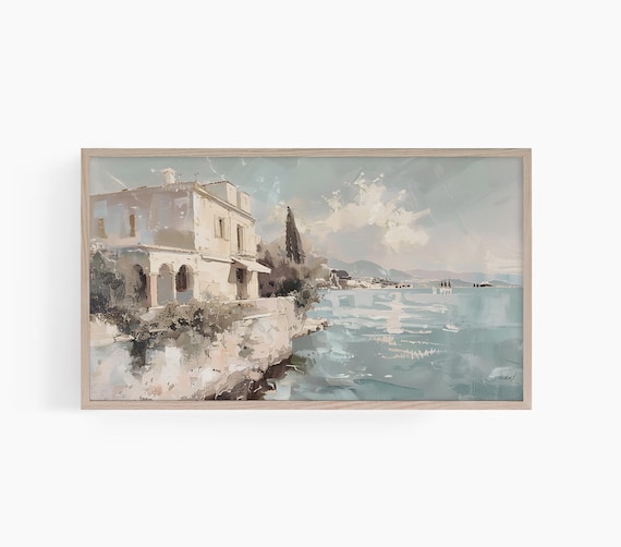 Italian Coastal Villa Watercolor Seascape Mediterranean Painting Poster
