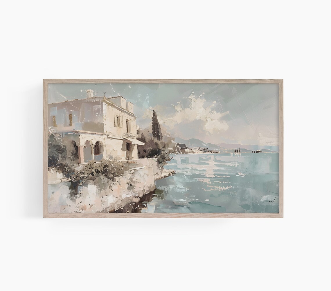 Italian Coastal Villa Watercolor Seascape Mediterranean Painting Poster