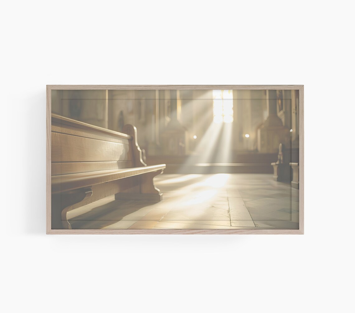 Church Interior Wooden Pew Warm Sunlight Worship Sanctuary Poster