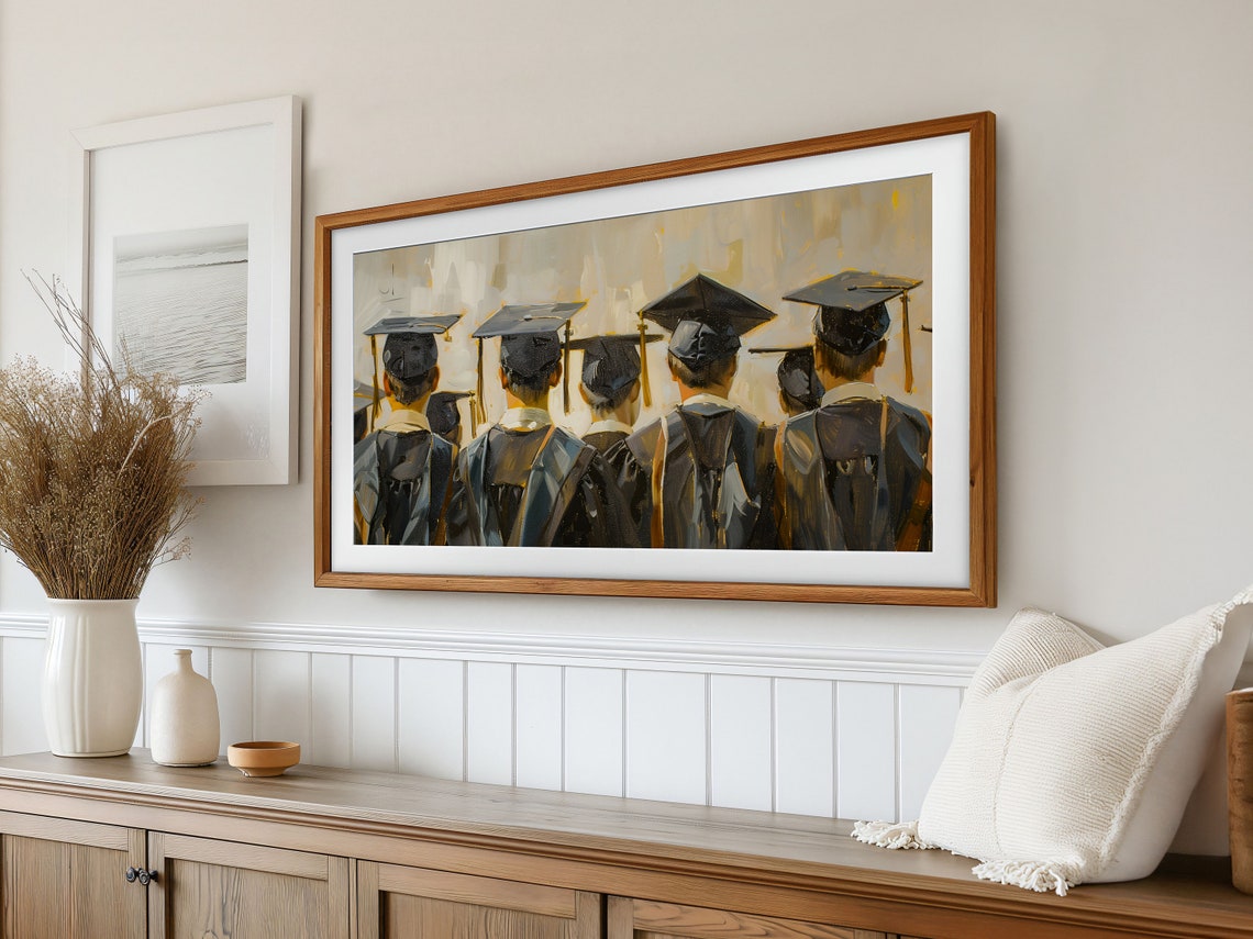 College Graduates Caps Gowns From Behind Oil Painting Art Poster - Image 2