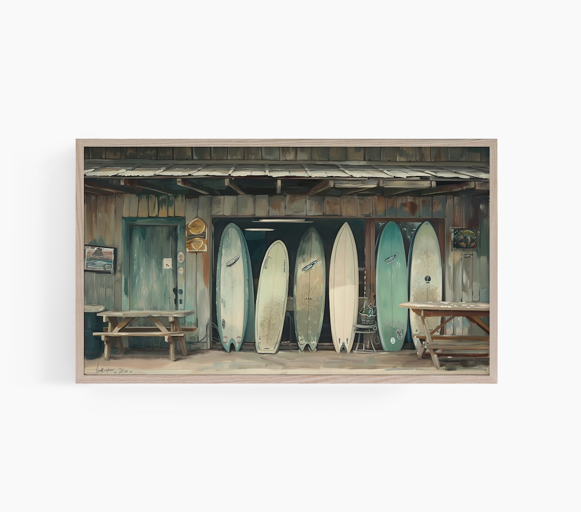 Rustic Wooden Surf Shack with a Vintage Longboard Quiver Poster