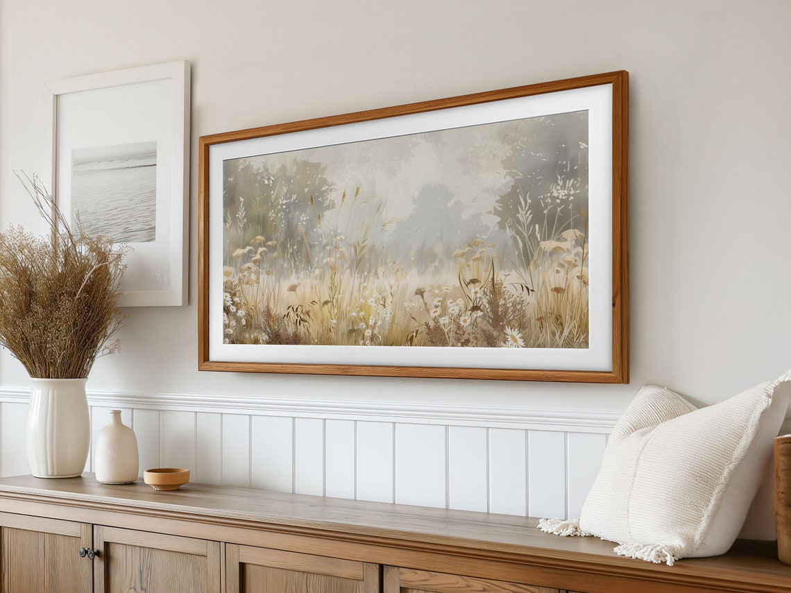 Beige Daisy Meadow Misty Wildflower Field Vintage Art Poster - Image 3