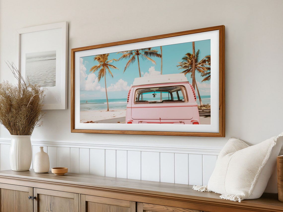 Pink VW Van Tropical Beach Palm Trees Retro Travel Photo Poster - Image 3