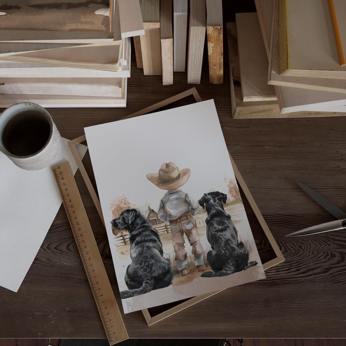 Cowboy Boy With Two Black Labradors Barn Watercolor Nursery Poster - Image 2