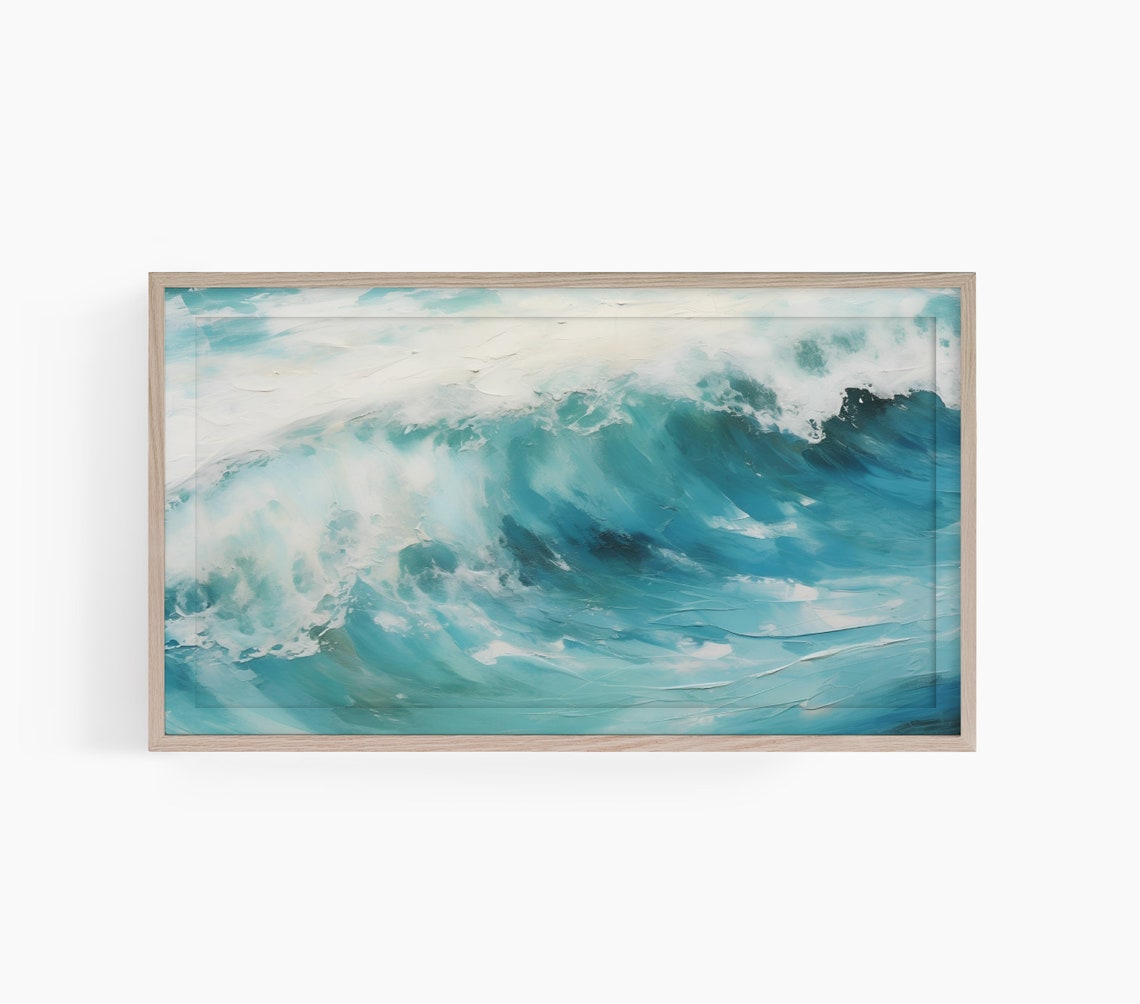 Dramatic Turquoise Ocean Wave Impasto Style Seascape Painting Poster