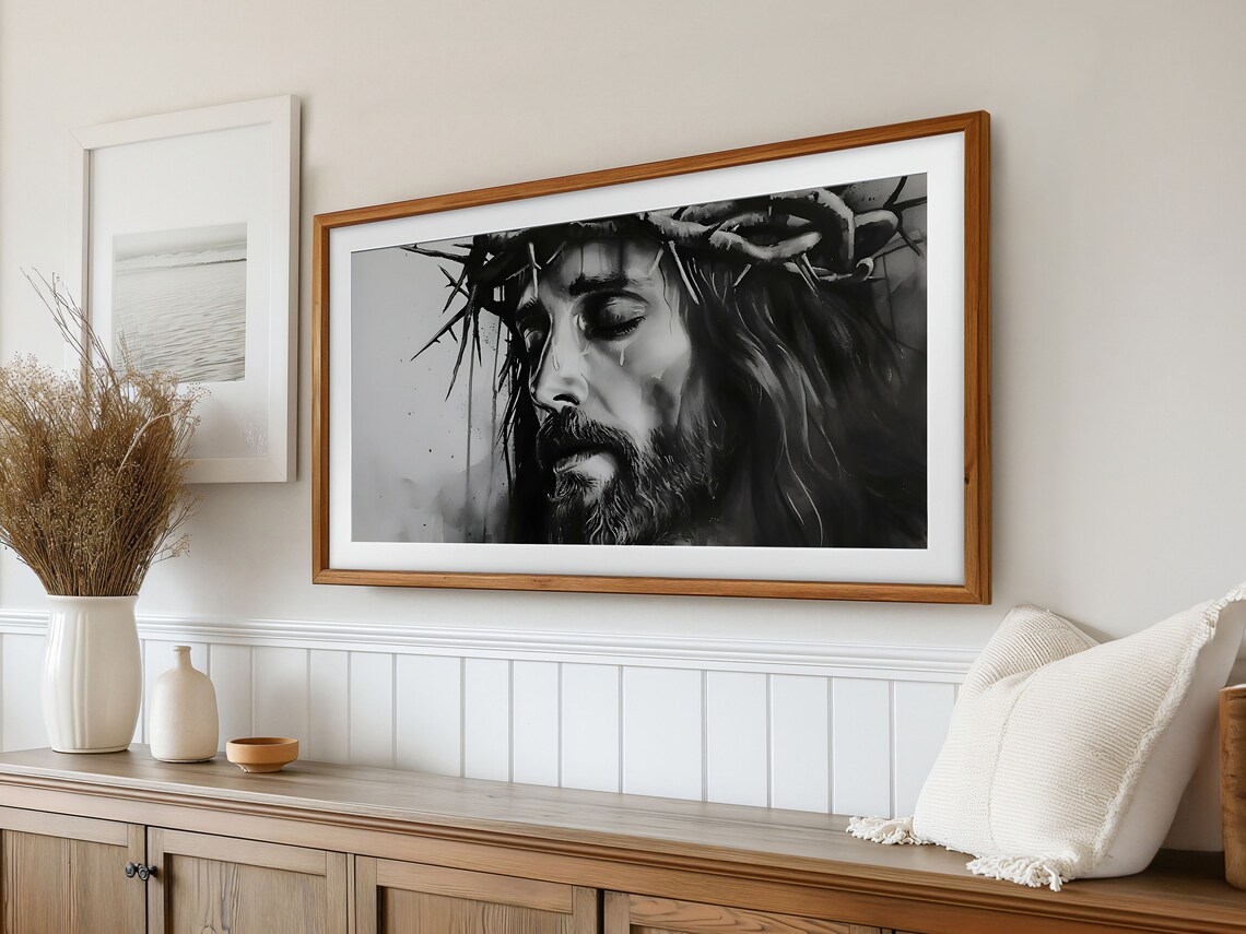 Jesus Christ Crown Of Thorns Black White Faith Portrait Poster - Image 3