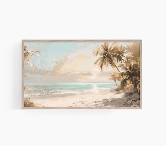 Palm Tree Beach Sunset in Soft Pastel Tropical Watercolor Poster