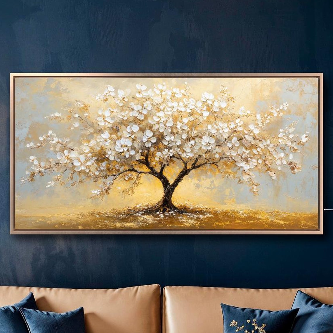 White Cherry Blossom Tree Gold Abstract Painting Panoramic Wall Poster
