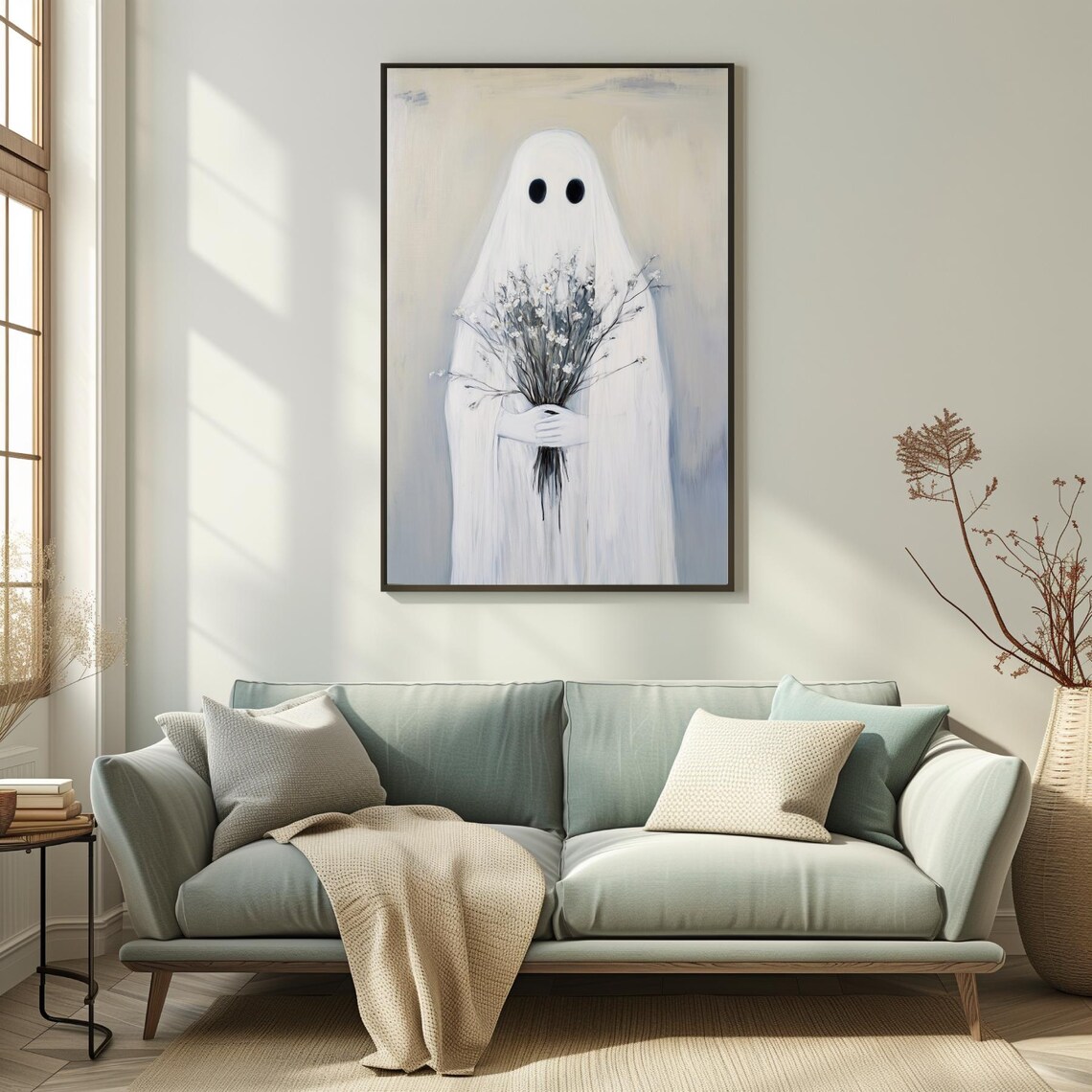 Cute Sheet Ghost Holding Wildflowers Halloween Painting Wall Art - Image 6