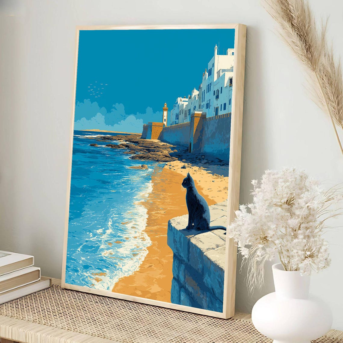 Black Cat on Coastal Fortress Wall Beach Sea View Art Poster
