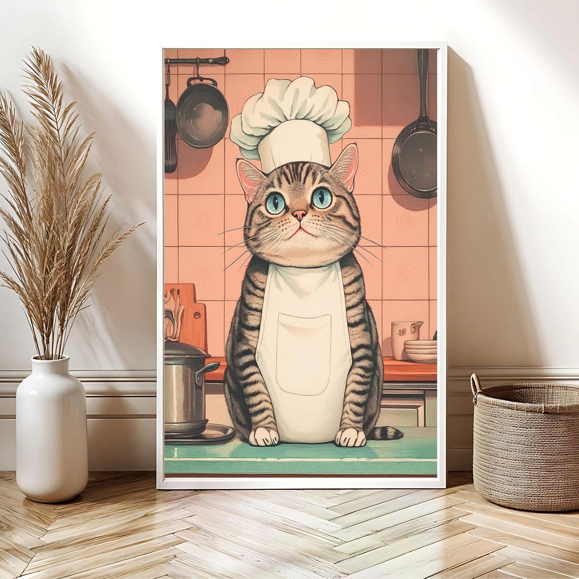 Tabby Cat Chef Wearing Tall Hat and Apron Kitchen Decor Poster