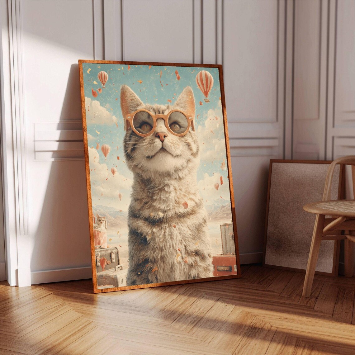 Whimsical Travel Cat in Sunglasses Hot Air Balloon Adventure Poster - Image 2