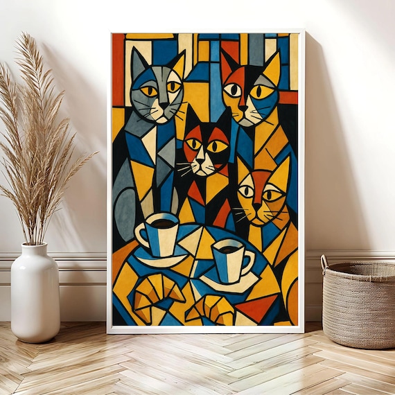 Cubist Coffee Cats Geometric Four Cats Cups Croissants Art Poster