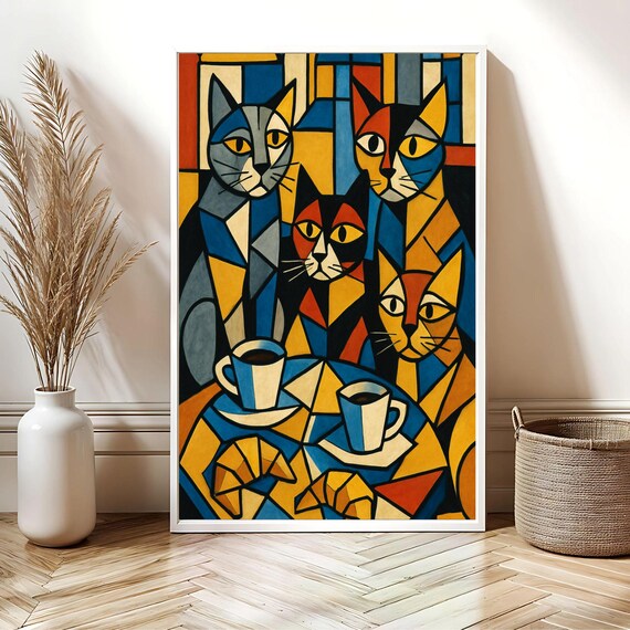 Geometric Coffee Cat Art Print Modern Abstract Poster Lover Gift Trendy Decor