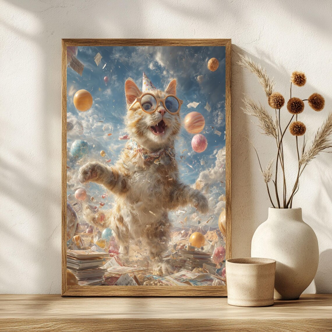Ginger Cat Party Sunglasses Balloons Floating Surreal Dream Poster - Image 2