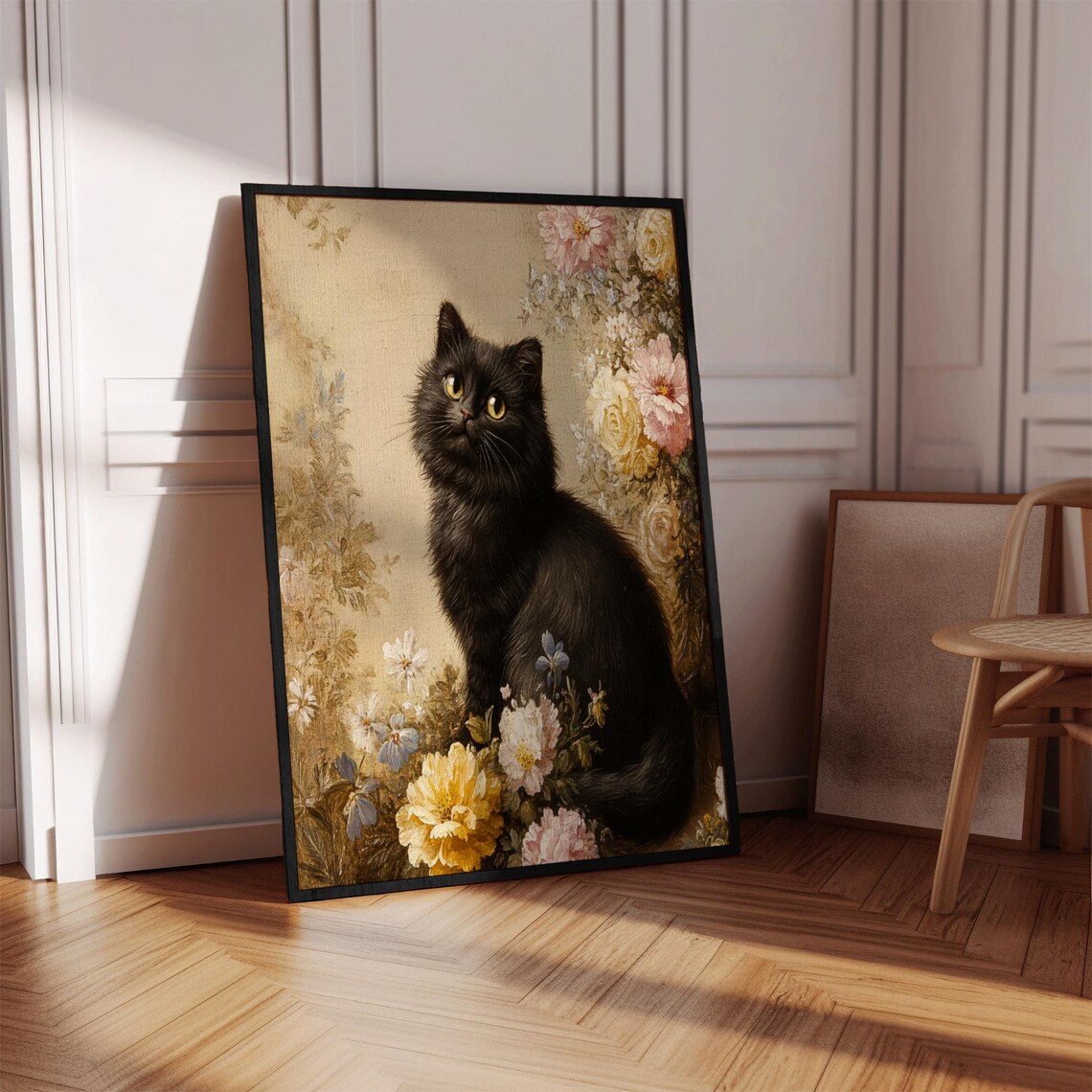 Black Cat Among Vintage Roses Antique Floral Oil Painting Poster - Image 3