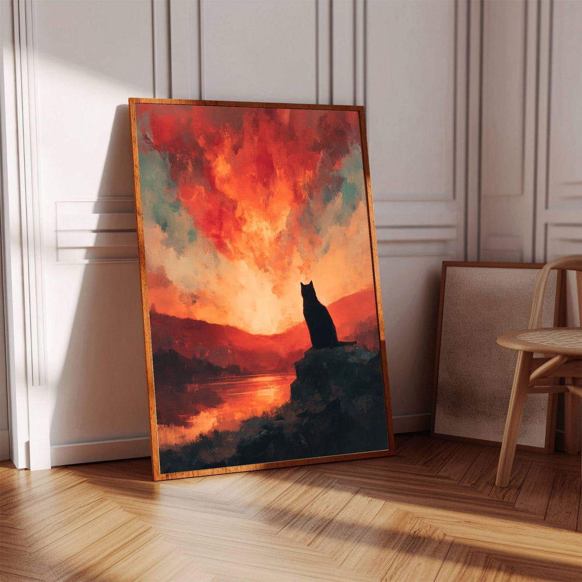 Black Cat Silhouette at Sunset Over Mountain Lake Art Poster - Image 2