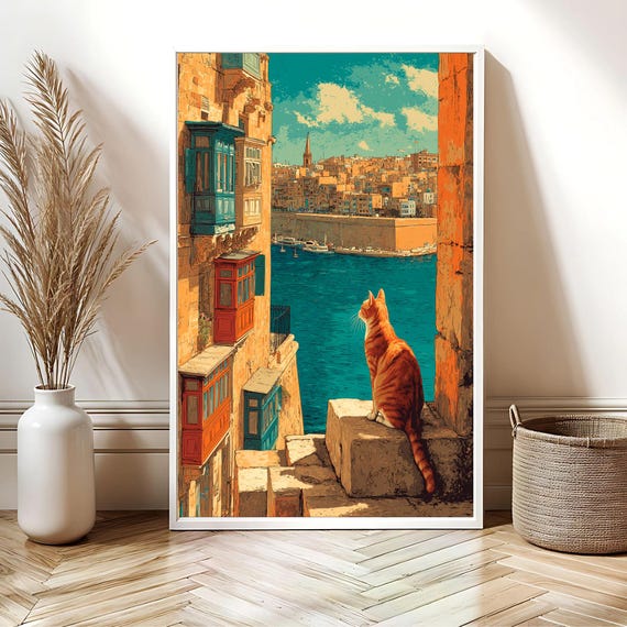 Malta Travel Cat Vintage Style Poster, Mediterranean