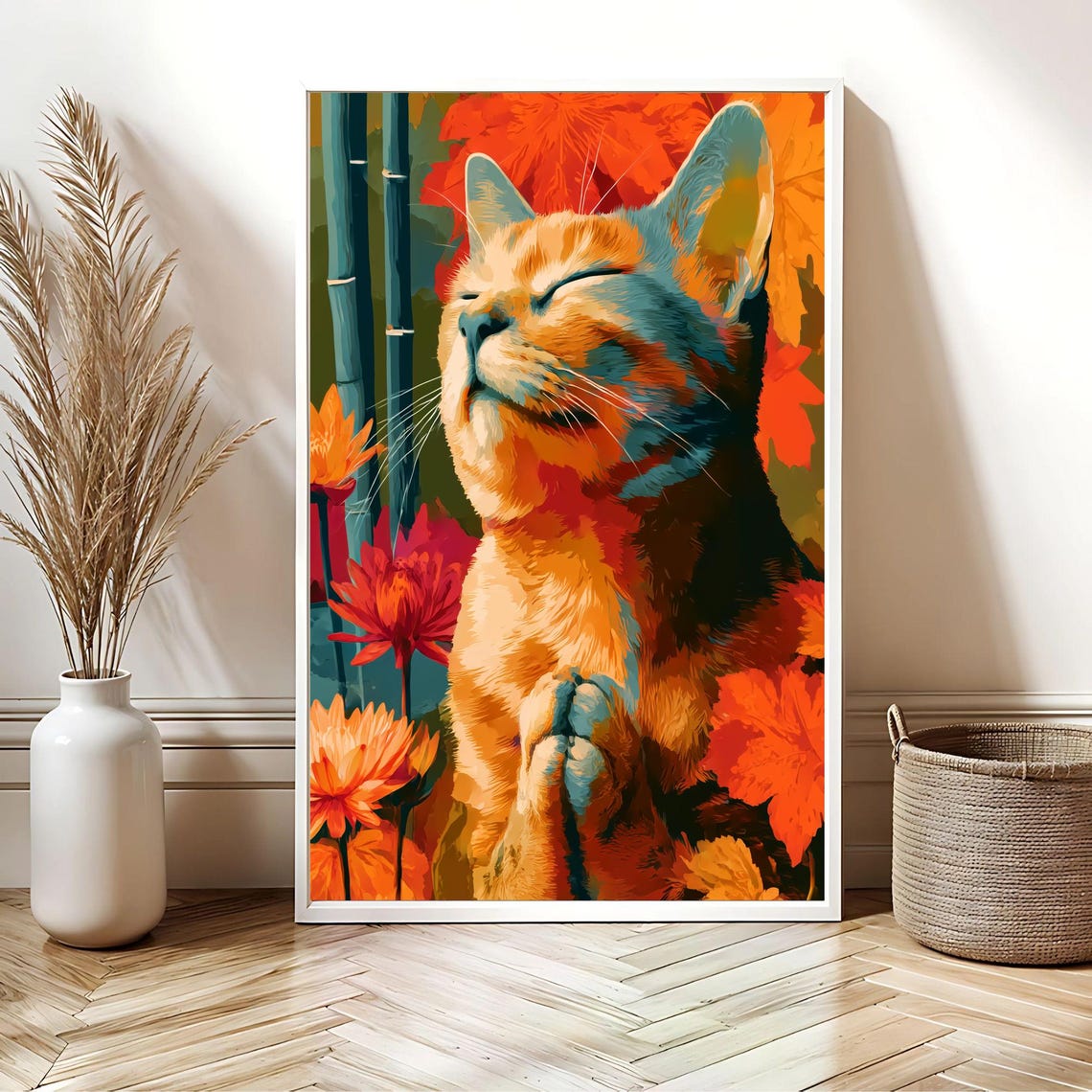 Bold Pop Art Zen Cat Meditating Orange Flowers Vibrant Wall Poster - Image 2