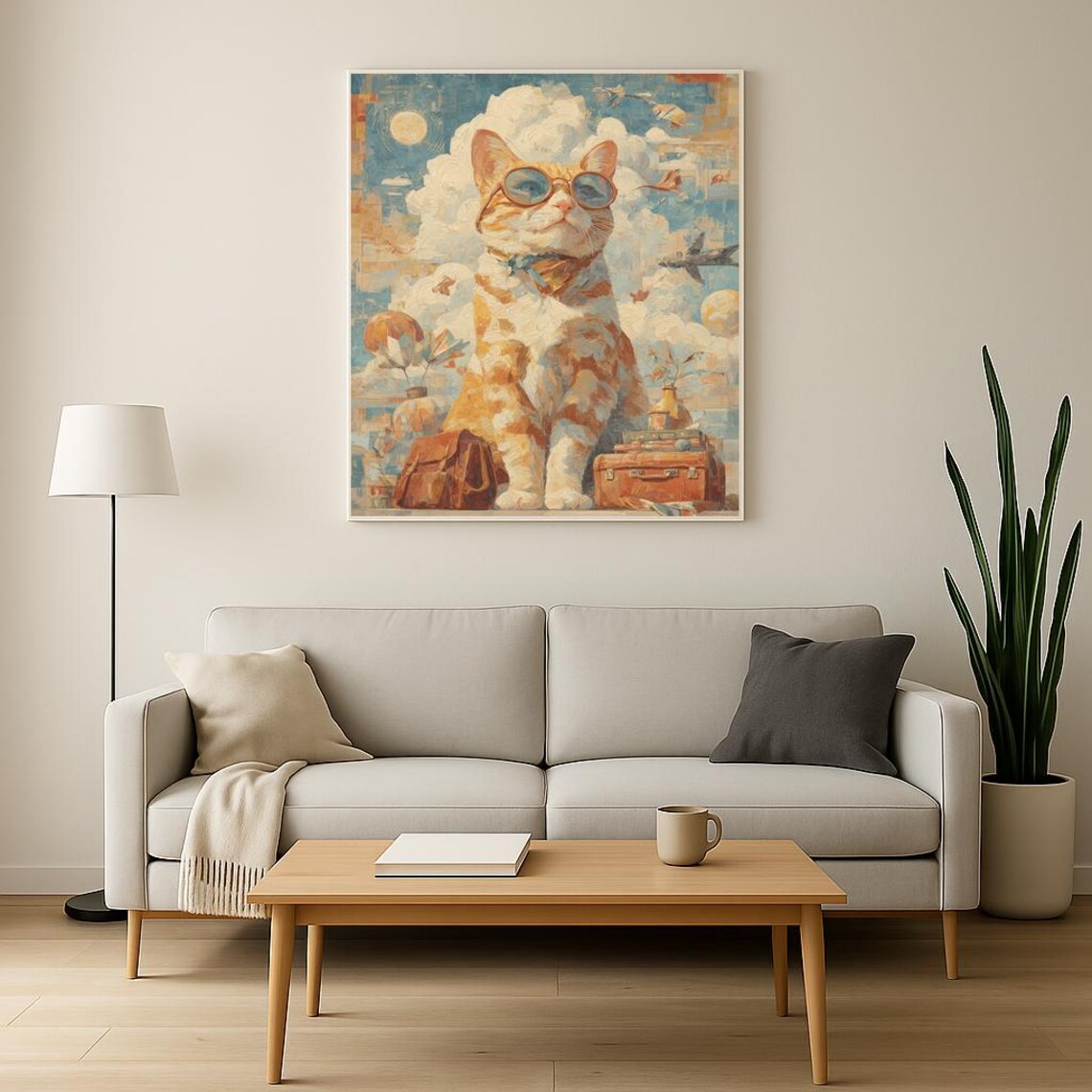 Retro Travel Cat Round Glasses Bow Tie Balloons Wanderlust Poster - Image 3