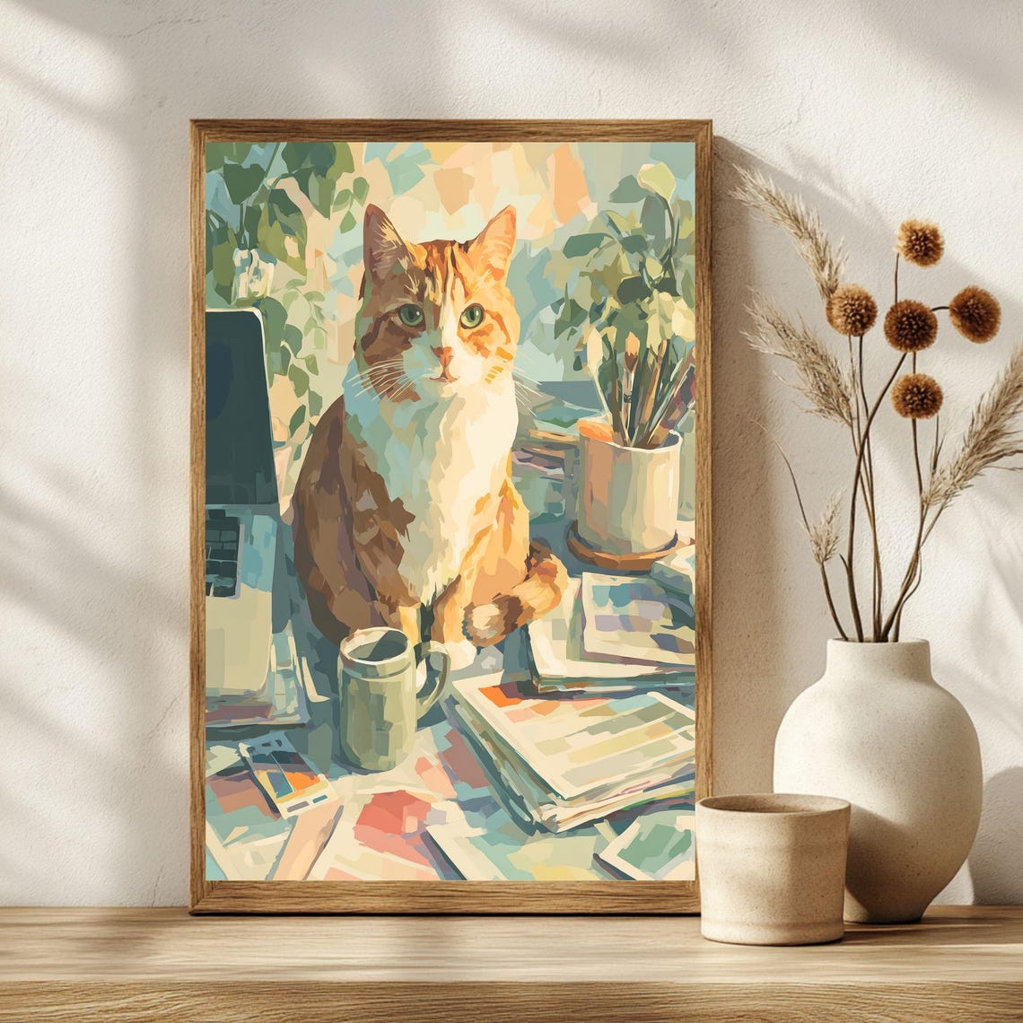 Orange Tabby Cat at Home Office Desk Impressionist Art Poster - Image 3