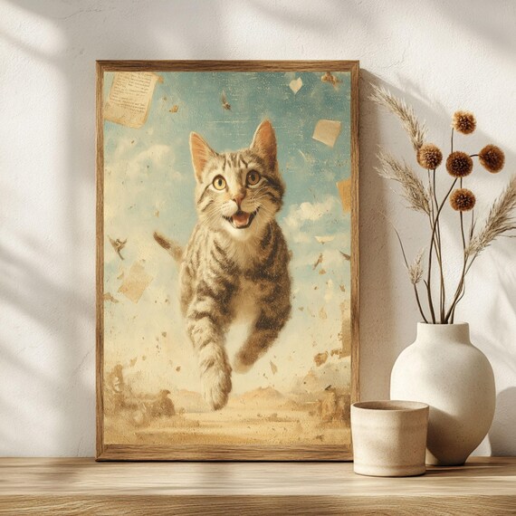 Joyful Tabby Kitten Leaping Through Dreamy Sky Surreal Art Poster