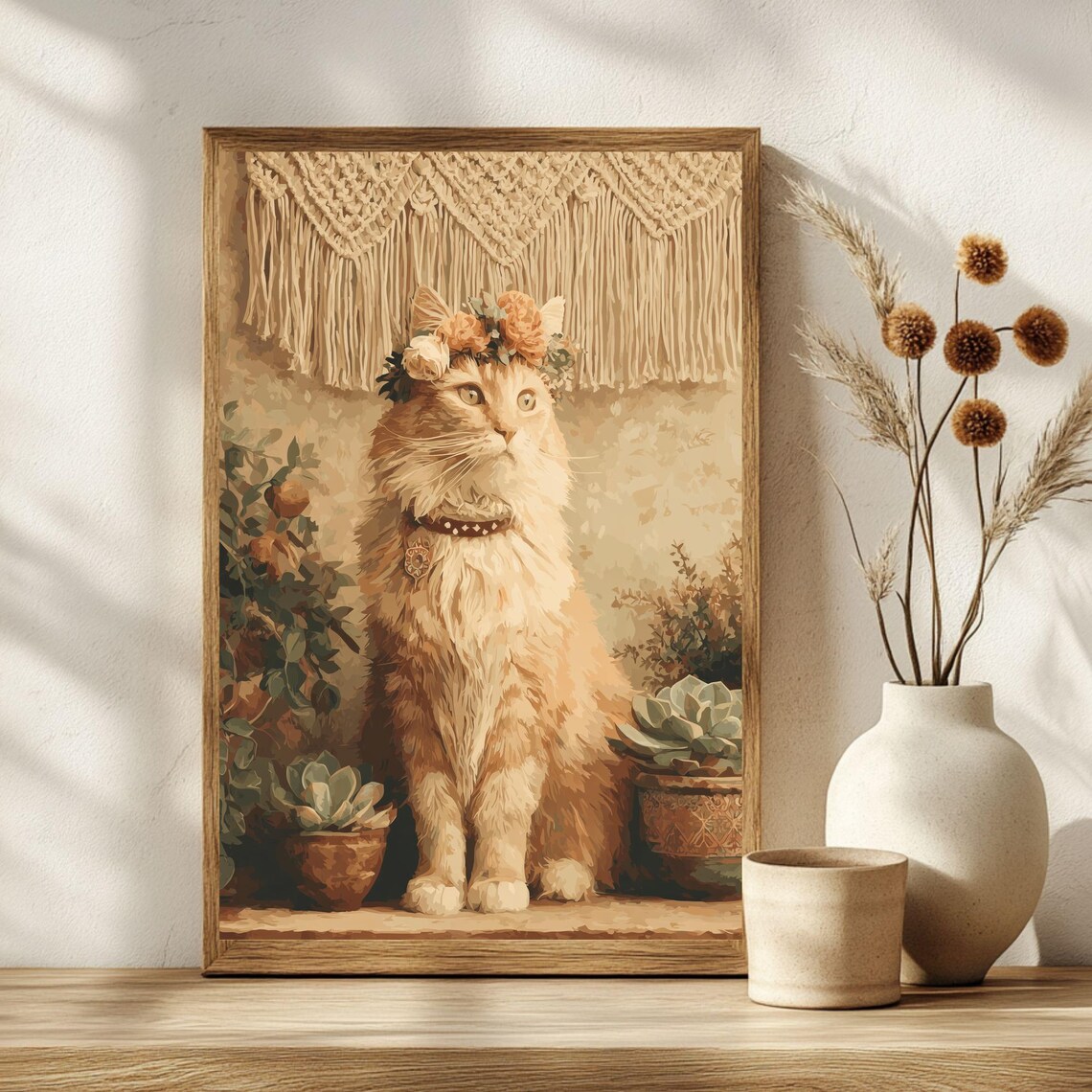 Long Haired Boho Cat With Flower Crown Succulents Art Poster - Image 4