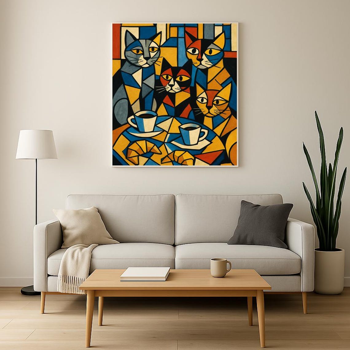 Cubist Coffee Cats Geometric Four Cats Cups Croissants Art Poster - Image 3