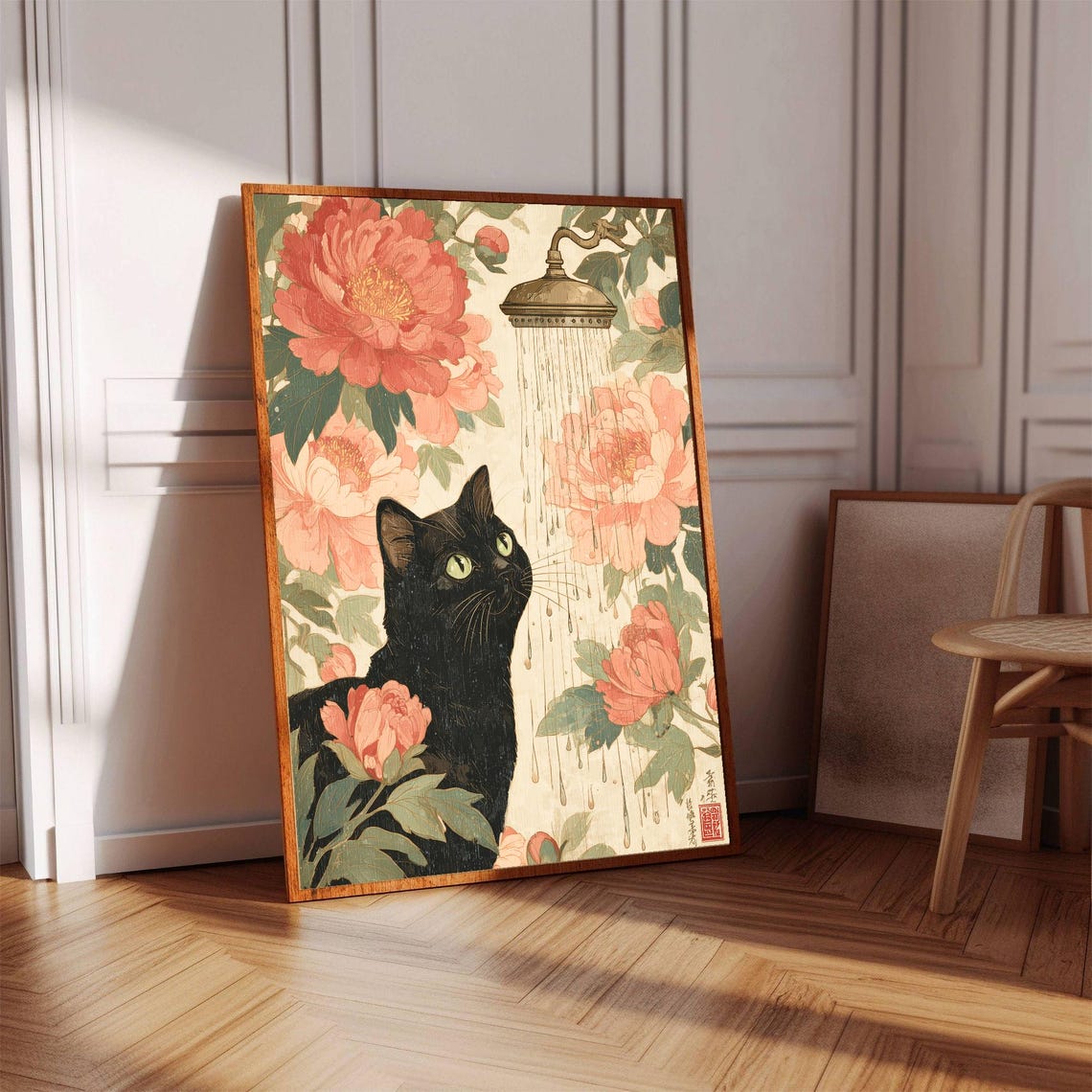 Japanese Style Black Cat Shower Peonies Floral Bathroom Wall Poster - Image 2