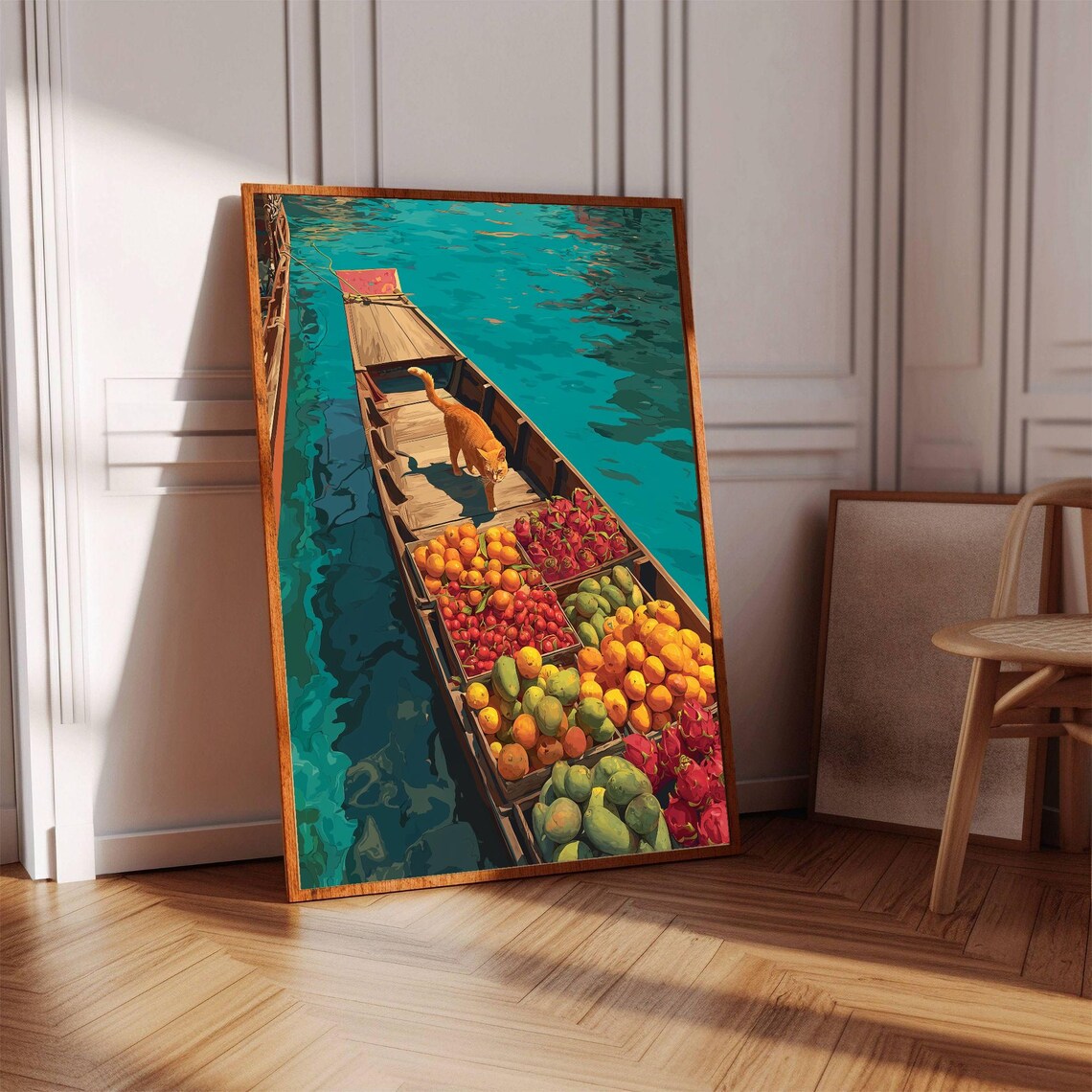Bangkok Floating Market Orange Cat Fruit Boat River Art Poster - Image 3