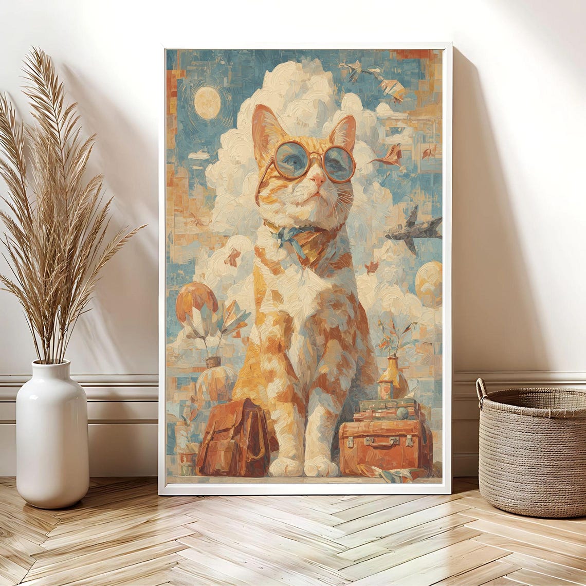 Retro Travel Cat Round Glasses Bow Tie Balloons Wanderlust Poster - Image 2