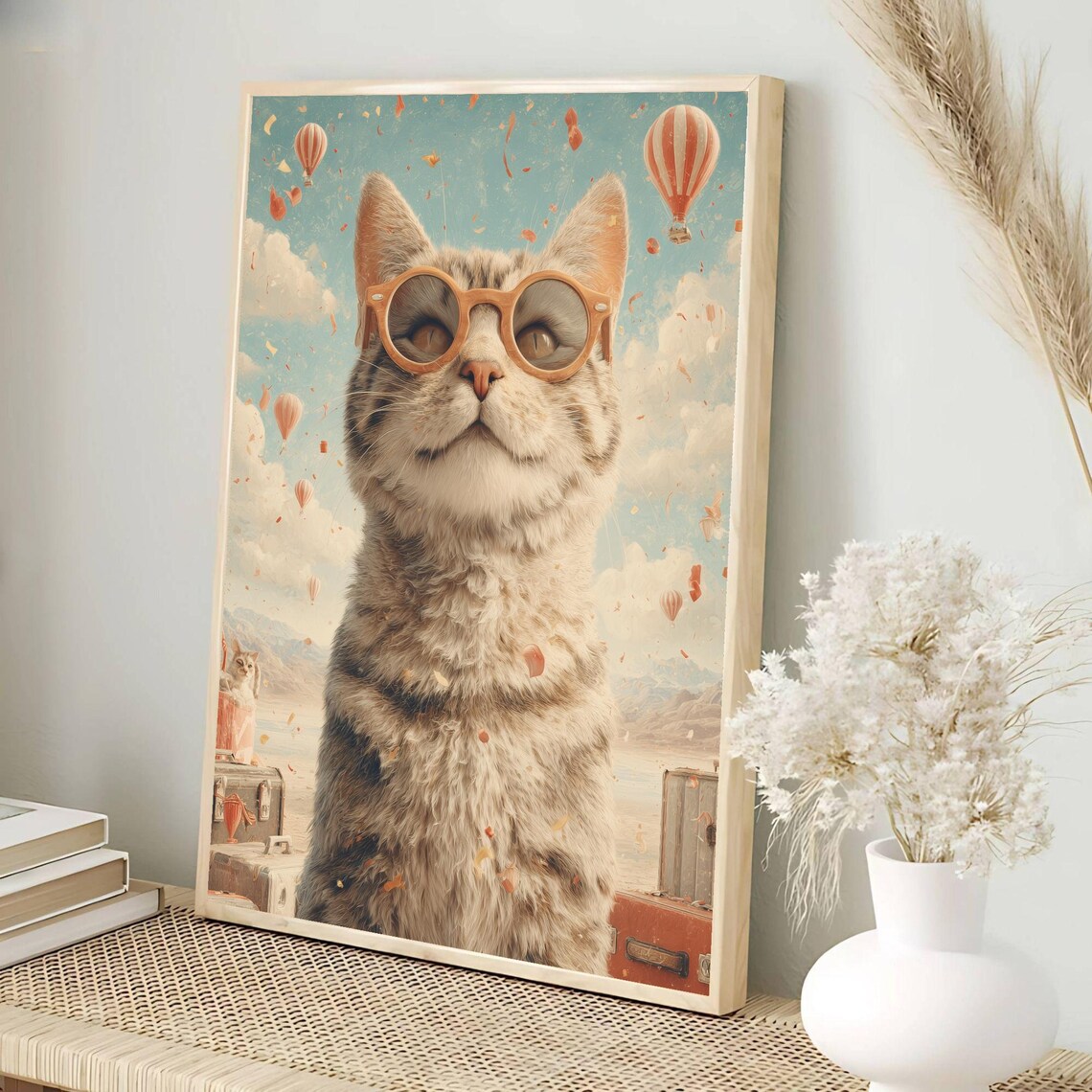 Whimsical Travel Cat in Sunglasses Hot Air Balloon Adventure Poster - Image 3