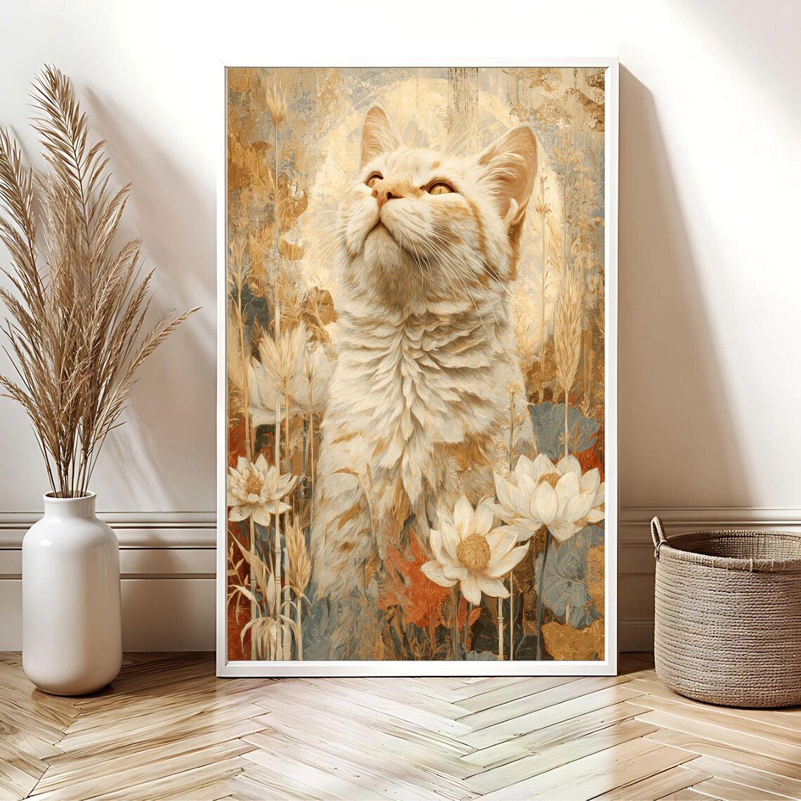 Art Nouveau Cream Cat Golden Halo Lotus Wheat Elegant Wall Poster - Image 2