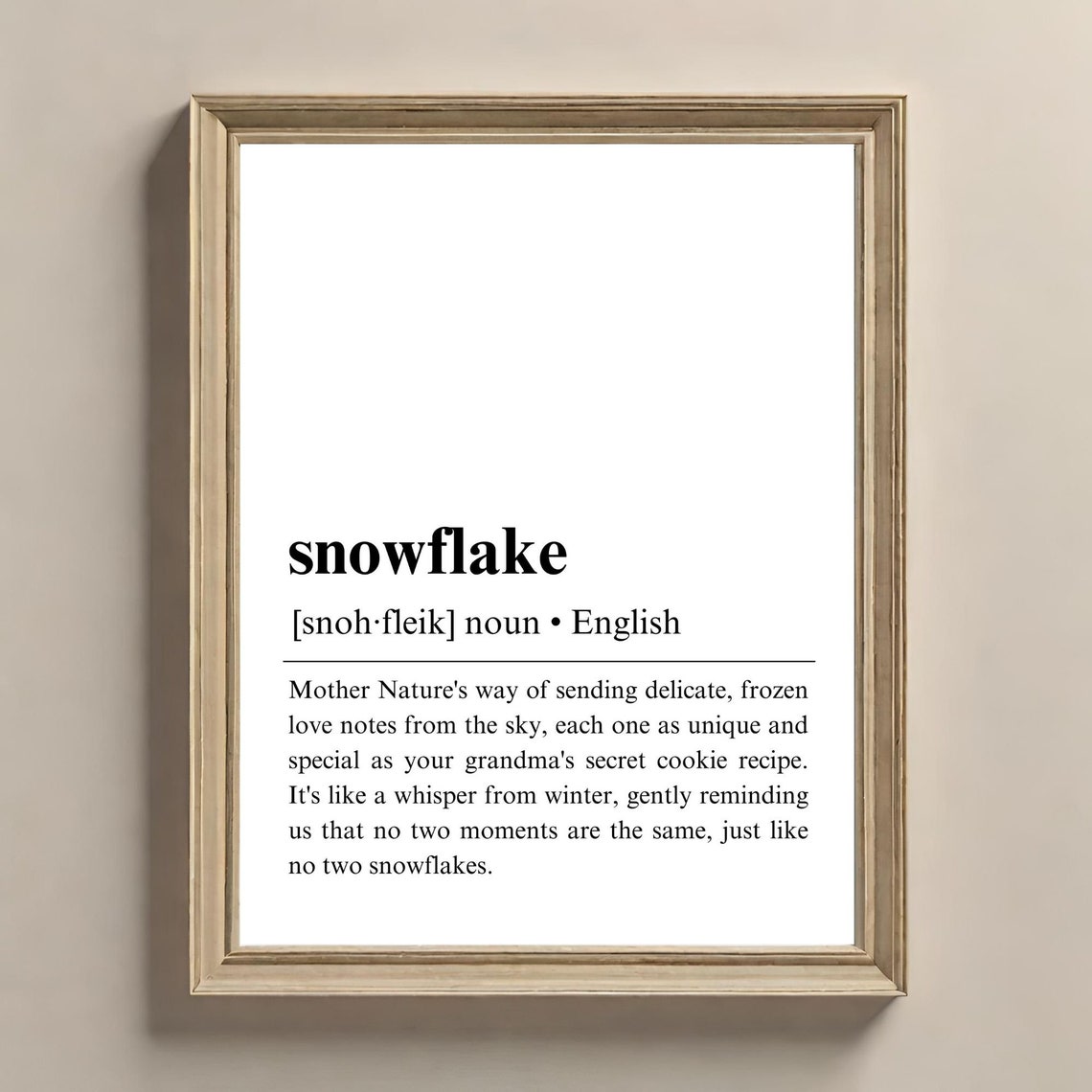 Snowflake Definition Noun Winter Dictionary Typography Print