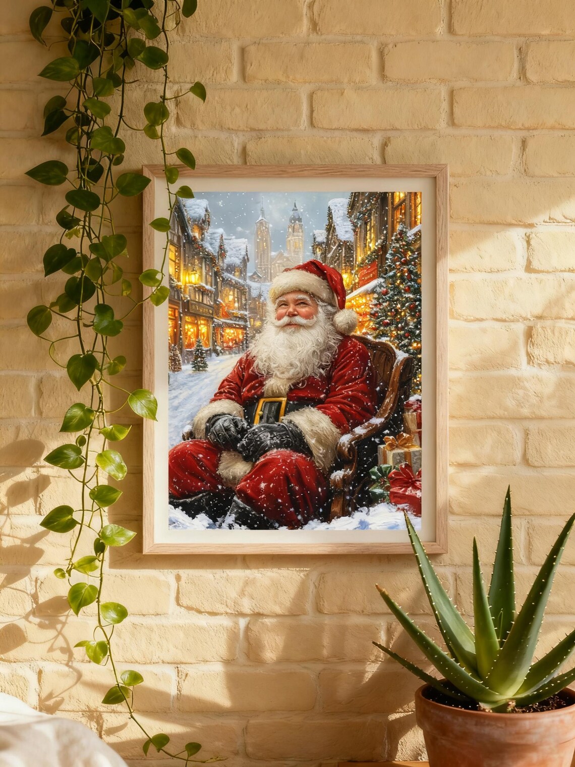 Vintage Santa Snowy Town Poster Cozy Christmas Holiday Wall Scene