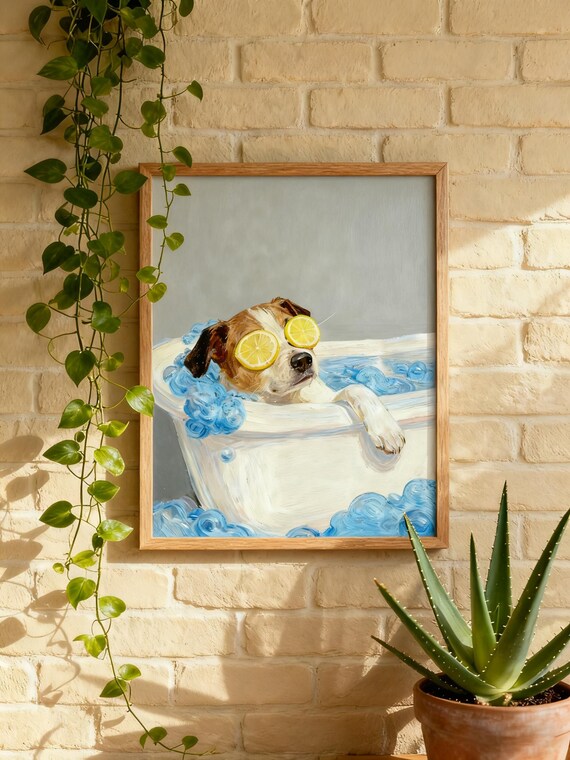Lemon Bath Time Dog Wall Art Funny Relaxing Pet Print Cute Bathroom Decor Quirky Animal Poster
