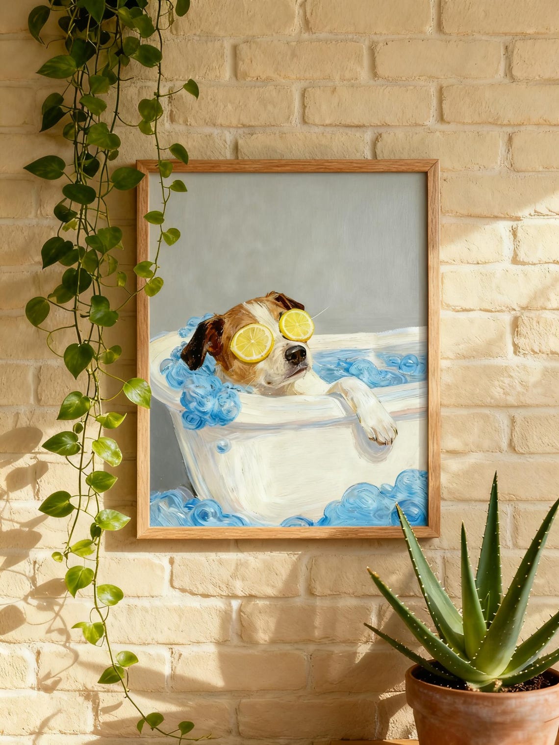 Dog Relaxing In Bubble Bath With Lemon Slices Spa Day Funny Pet Poster
